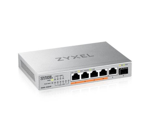 Коммутатор Мультигигабитный PoE++ коммутатор Zyxel XMG-105HP, 5xRJ-45: 1/2.5G (4 из них PoE++), 1xSFP+, настольный, бесшумный, бюджет PoE 70 Вт