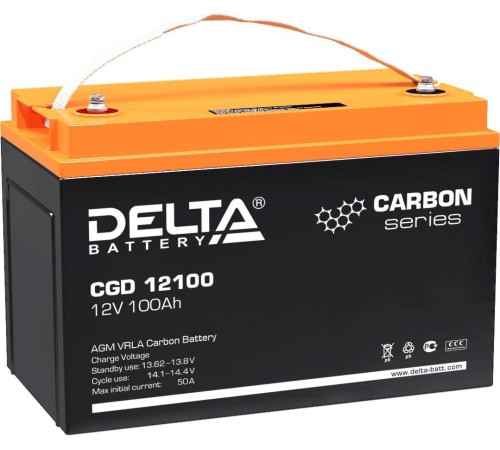 Батарея DELTA серия CGD, CGD 12100, напряжение 12В, емкость 100Ач (разряд 10 часов),  макс. ток разряда (5 сек.) 1000А, макс. ток заряда 50А, графеновая свинцово-кислотная типа AGM, клеммы под болт М8, ДxШxВ 330х173х212мм., вес 30кг., срок службы 15 лет./