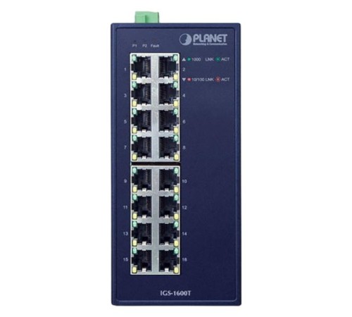 коммутатор/ PLANET IGS-1600T IP30 Industrial 16-Port 10/100/1000T Gigabit Ethernet Switch (-40~75 degrees C, dual 12~48V DC/24V AC),UL certified