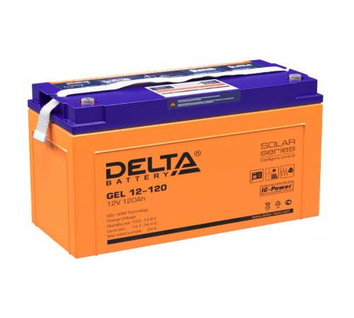 Батарея DELTA серия GEL, GEL 12-120, напряжение 12В, емкость 120Ач (разряд 10 часов),  макс. ток разряда (5 сек.) 950А, макс. ток заряда 24А, свинцово-кислотная типа AGM+GEL, клеммы под болт М8, ДxШxВ 406х172х223мм., вес 38.4кг., LCD, срок службы 10-12 ле