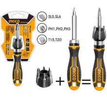 Отвертка реверсивная с битами 8шт AKISD0808,Набор включает: 1 шт. Высококачественная рукоятка с трещоткой (новый дизайн) , 7 шт. 25-мм бит отверток SL5, SL6, PH1, PH2, PH3, T15, T20,  блистер.