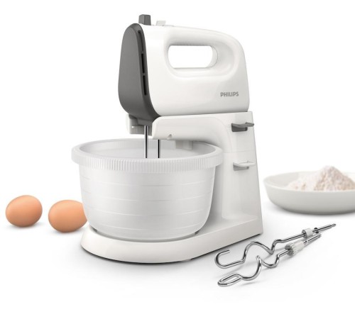 Миксер Philips/ 450 Вт, 5 скоростей + турбо режим, вращающаяся чаша, 3 л, венчики для взбивания, крюки для теста, белый/серый Миксер Philips/ 450 Вт, 5 скоростей + турбо режим, вращающаяся чаша, 3 л, венчики для взбивания, крюки для теста, белый/серый
