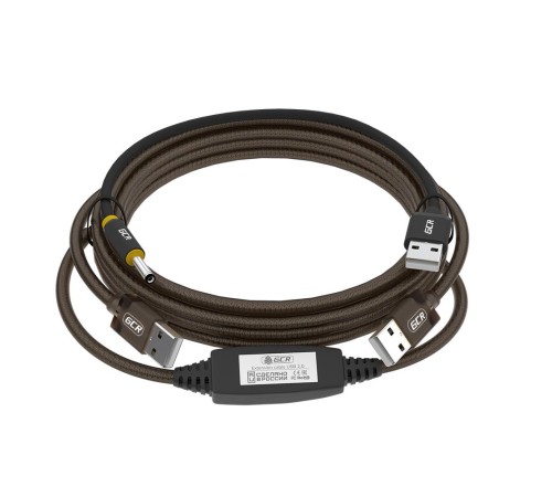 GCR Кабель активный 10.0m USB 2.0, AM/AM, черно-прозрачный, с усилителем сигнала, разъём для доп.питания, 24/22 AWG, GCR-53788