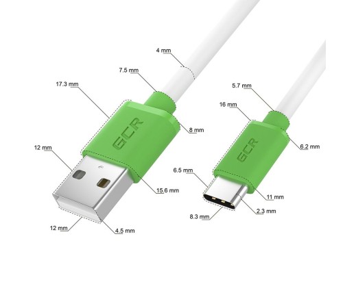 GCR QC Кабель 0.25m, TypeC, быстрая зарядка, белый TPE, зеленые коннекторы, 28/22 AWG, GCR-53039