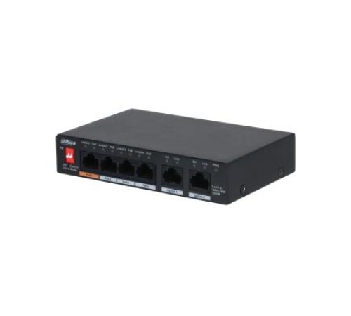 Коммутатор DAHUA 4-портовый неуправляемый коммутатор с РоЕ Порты: 4 RJ45 10/100/1000Мбит/с (PoE/PoE+/Hi-PoE), 2 RJ45 10/100/1000Мбит/с (uplink); мощность PoE: 1 до 60Вт, порты: 2~4 до 30Вт, суммарно до 60Вт; PoE