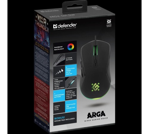 Defender Проводная игровая мышь Arga GM-049 черн,радуж,6кн,3600dpi,+ковер