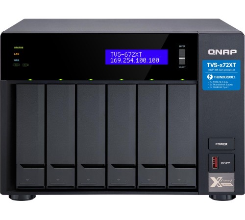 Сетевое хранилище без дисков/ SMB QNAP TVS-672XT-i3-8G 6-Bay NAS, Intel Core i3-8100T 4-core 3.1 GHz Processor, 8GB DDR4 RAM (max 32GB RAM), 6x 2.5"/3.5" SATA HDD/SSD + 2x M.2 PCIe SSD slot, 2xGbE LAN, 1 x 10GBase-T, 2 x Thunderbolt 3 port Сетевое хранилище без дисков/ SMB QNAP TVS-672XT-i3-8G 6-Bay NAS, Intel Core i3-8100T 4-core 3.1 GHz Processor, 8GB DDR4 RAM (max 32GB RAM), 6x 2.5"/3.5" SATA HDD/SSD + 2x M.2 PCIe SSD slot, 2xGbE LAN, 1 x 10GBase-T, 2 x Thunderbolt 3 port