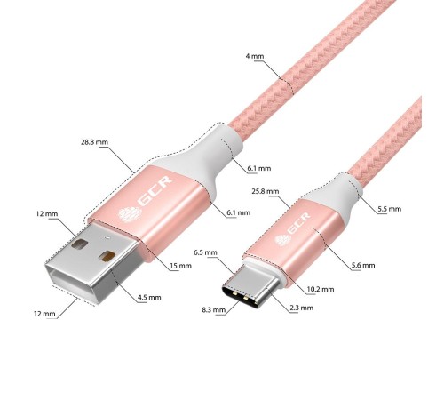 GCR QC Кабель 1.0m, TypeC, быстрая зарядка, розовый нейлон, AL корпус розовый, белый ПВХ, 28/24 AWG, GCR-52509