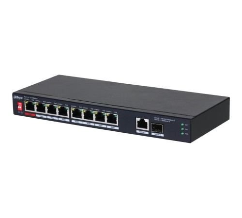 8-портовый неуправляемый коммутатор с РОЕ, Порты: 8 RJ45 10/100Мбит/с (PoE/PoE+/Hi-PoE/IEEE 802.3bt) 1 RJ45 10/100/1000Мбит/с (uplink) 1 SFP 1000Мбит/с (uplink); мощность PoE: порты 1 до 90Вт порты 28 до 30Вт суммарно до 96Вт; PoE watchdog передача до 250