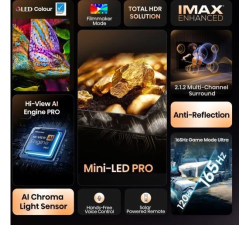 Телевизор ЖК 55'' Hisense/ 55", Ultra HD, Mini LED, Local Dimming Zones 312, 165 Hz (VRR), Smart TV (ОС VIDAA U9), Wi-Fi, DVB-T2/T/C/S2/S, HDR 10+, Dolby Vision, Dolby Atmos, Bluetooth, 2.1.2ch 2*10W(Main)+20W(Subwoofer)+2*5W(Side), CI+(1.4), 4хHDMI Телевизор ЖК 55'' Hisense/ 55", Ultra HD, Mini LED, Local Dimming Zones 312, 165 Hz (VRR), Smart TV (ОС VIDAA U9), Wi-Fi, DVB-T2/T/C/S2/S, HDR 10+, Dolby Vision, Dolby Atmos, Bluetooth, 2.1.2ch 2*10W(Main)+20W(Subwoofer)+2*5W(Side), CI+(1.4), 4хHDMI