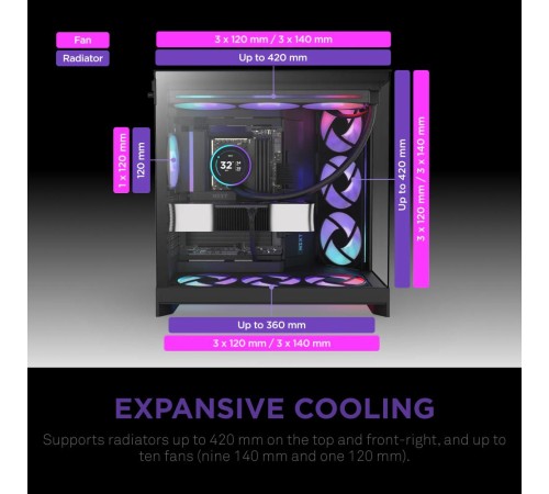 Корпус без блока питания/ Case NZXT H9 Flow RGB (2025), Midi-Tower, TG, 3x140mm RGB + 1x120mm, 2xUSB-A 3.2 + 1xUSB-C 3.2, E-ATX, ATX, mATX, mITX Black