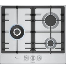 Встраиваемая варочная панель BOSCH Газ,  60 см, 3 конфорки, горелка с двойным пламенем, тип поверхности - нержавеющая сталь, независимая, серебристый цвет