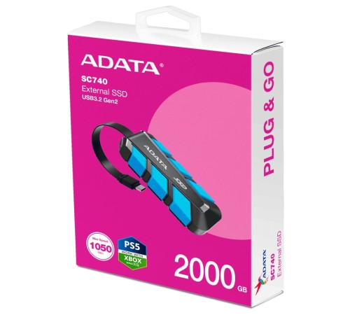 Твердотельный накопитель/ ADATA External SSD SC740, 2000GB, Type-C, USB 3.2 Gen2, R/W 1050/1000 MB/s, 121.8x40.5x22.3mm, Blue (5 лет)