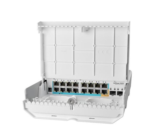 Коммутатор MikroTik netPower 15FR with 800MHz CPU, 256MB RAM, 16 x 10/100Mbps Ethernet ports (15 with Reverse POE-in, 1 with PoE-OUT), 2 x SFP, RouterOS L5 or SwitchOS (dual boot), outdoor enclosure, mounting ki
