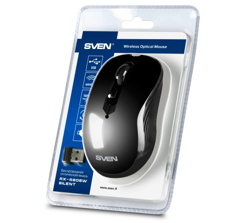 Беспроводная мышь SVEN RX-560SW чёрная (бесшумн. кл. 5+1кл. 800-1600DPI, Soft Touch, блист)