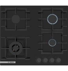 Встраиваемая газовая панель BOSCH Serie 4,Газовая поверхность, 4.5х59x52 см, закаленное стекло, 4 конфорки, Wok, газ-контроль, автоподжиг, черный цвет