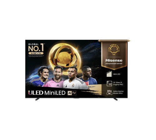 Телевизор ЖК 100'' Hisense/ 100", Ultra HD, Mini LED, Local Dimming Zone 608, 165 Hz, Smart TV (ОС VIDAA U9), Wi-Fi, DVB-T2/T/C/S2/S, HDR 10+, Dolby Vision, Dolby Atmos, Bluetooth, 2.1 2*15W+20W, CI+(1.4), 4хHDMI, 2хUSB, Works with Alexa, Alexa Built