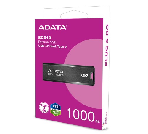 Твердотельный накопитель/ ADATA External SSD SC610, 1000GB, Type-C, USB 3.2 Gen2, R/W 550/500 MB/s, 67x24x10mm, Black (5 лет)