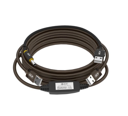 GCR Кабель активный 15.0m USB 2.0, AM/AM, черно-прозрачный, с усилителем сигнала, разъём для доп.питания, 24/22 AWG