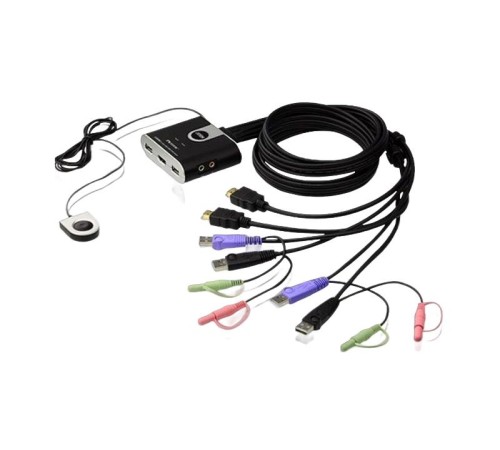 2-портовый KVM-переключатель со встроенными  KVM кабелями (1,2м), 1 user(HDMI(Female)+2xAudio(Female)+2xUSB(Тип А Female), KVM-порты:(HDMI(Male)+2xAudio(Male)+2xUSB(Тип A Male). Поддержка до (1920 x 1200) 1080p. Звук 2.1/ PETITE 2 PORT USB2.0 HDMI KVM SWI