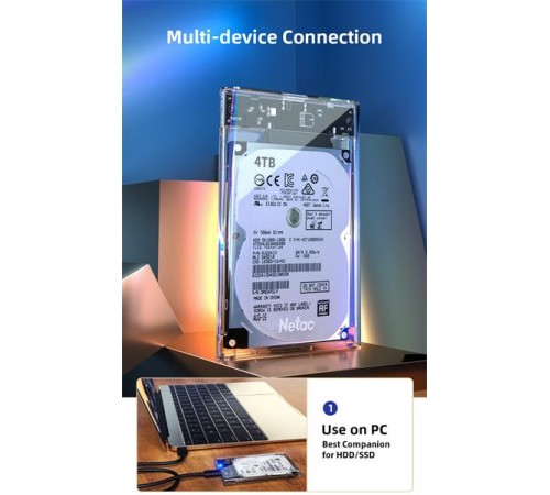 Внешний корпус для диска HDD/SSD Netac WH11 2.5 SATA to USB3.0 External HDD/SSD Case, Slide Transparent Cover, with USB3.0 C to C cable