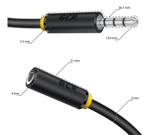 GCR Удлинитель для гарнитуры 0.15m jack 3,5mm/jack 3,5mm черный, желтая окантовка, 28AWG, M/F, GCR-53262 GCR Удлинитель для гарнитуры 0.15m jack 3,5mm/jack 3,5mm черный, желтая окантовка, 28AWG, M/F, GCR-53262