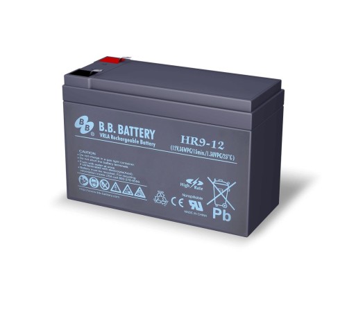Батарея B.B. Battery серия HR, HR9-12, напряжение 12В, емкость 9Ач (разряд 20 часов), емкость 8Ач (разряд 10 часов), макс. ток разряда (5 сек.) 120А, макс. ток заряда 2.4A, свинцово-кислотная типа AGM, клеммы Т2, ДxШxВ 151x65x100мм., вес 2.75кг., срок слу Батарея B.B. Battery серия HR, HR9-12, напряжение 12В, емкость 9Ач (разряд 20 часов), емкость 8Ач (разряд 10 часов), макс. ток разряда (5 сек.) 120А, макс. ток заряда 2.4A, свинцово-кислотная типа AGM, клеммы Т2, ДxШxВ 151x65x100мм., вес 2.75кг., срок слу