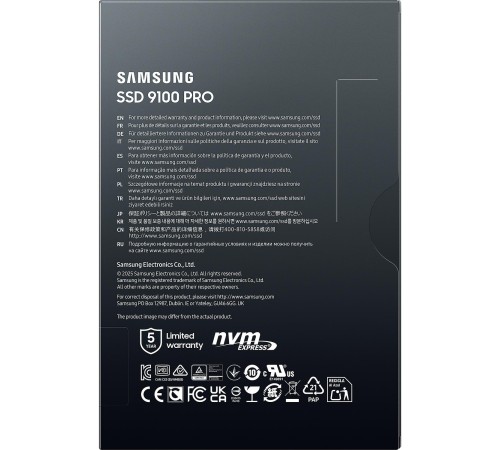 Твердотельный накопитель/ Samsung SSD 9100 PRO, 1000GB, M.2(22x80mm), NVMe 2.0, PCIe 5.0 x4, V-NAND TLC, R/W 14700/13300MB/s, IOPs 1 850 000/2 600 000, TBW 600, DWPD 0.3 (12 мес.) Твердотельный накопитель/ Samsung SSD 9100 PRO, 1000GB, M.2(22x80mm), NVMe 2.0, PCIe 5.0 x4, V-NAND TLC, R/W 14700/13300MB/s, IOPs 1 850 000/2 600 000, TBW 600, DWPD 0.3 (12 мес.)