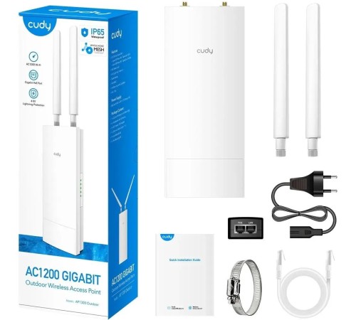 Точка доступа/ AC1200 WiFi Gigabit Outdoor Access Point, 867Mbps at 5GHz + 300Mbps at 2.4GHz, 1 x Gigabit RJ45, 2 Detachable Antennas, 802.3at/802.3af PoE or passive PoE, IP65 Waterproof, lightning protection, 48V passive PoE adapter included, Cudy Mesh S Точка доступа/ AC1200 WiFi Gigabit Outdoor Access Point, 867Mbps at 5GHz + 300Mbps at 2.4GHz, 1 x Gigabit RJ45, 2 Detachable Antennas, 802.3at/802.3af PoE or passive PoE, IP65 Waterproof, lightning protection, 48V passive PoE adapter included, Cudy Mesh S