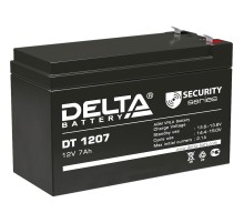 Батарея DELTA серия DT, DT 1207, напряжение 12В, емкость 7Ач (разряд 20 часов),  макс. ток разряда (5 сек.) 108А, макс. ток заряда 2.1А, свинцово-кислотная типа AGM, клеммы F1, ДxШxВ 151х65х95мм., вес 2.05кг., срок службы 5 лет./ Battery DELTA series DT,