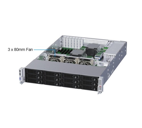 Серверный корпус/ 2U chassis; E-ATX, ATX, Micro-ATX, Mini-ITX MBs; 12 x 3.5'' hs + 2 x 2.5'' hs rear; 800 Wt CRPS(1+1); no rails