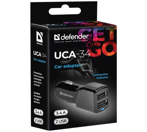 Defender Автомобильный адаптер UCA-34 2xUSB, 5V/3.4А