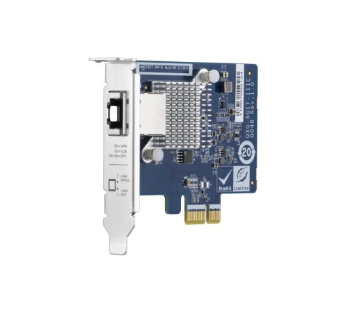 Сетевая карта/ QNAP QXG-5G1T-111C PCIe Gen2 x1, Single-port 4-speed 5 GbE network expansion card (5Gbps/ 2.5Gbps/ 1Gbps/ 100Mbps)  Low-profile bracket pre-installed; full-height and specialized brackets are bundled