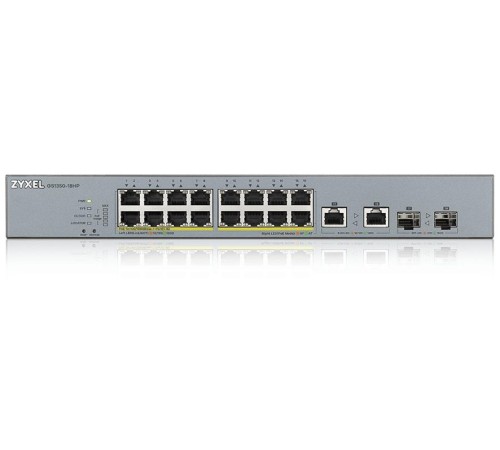 Коммутатор/ ZYXEL GS1350-18HP L2 PoE + switch for IP cameras, 16xGE PoE +, 2xCombo (SFP / RJ-45), PoE budget 250 W, power transmission distance up to 250 m, auto-reloading of PoE ports, increased protection against overvoltage and electrostatic discharges
