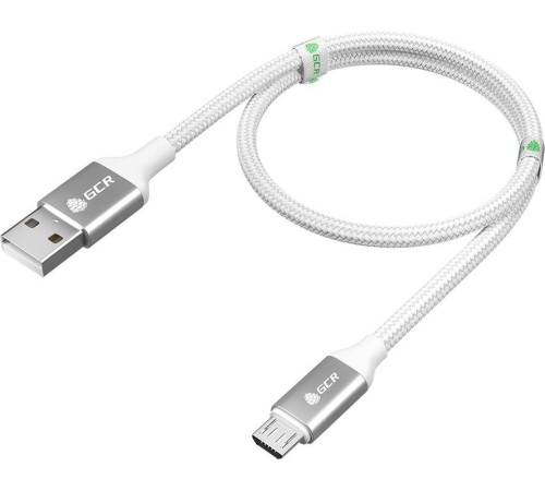 GCR QC Кабель 1.0m MicroUSB, быстрая зарядка, белый нейлон, AL корпус серебро, белый ПВХ, 28/24 AWG, GCR-52468