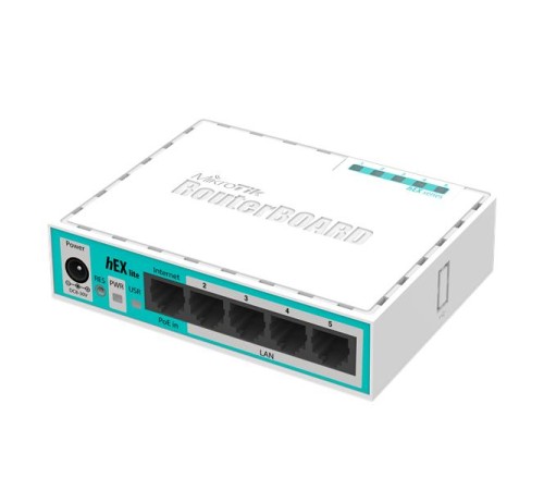Маршрутизатор MikroTik hEX lite with 850MHz CPU, 64MB RAM, 5 LAN ports, RouterOS L4, plastic case, PSU