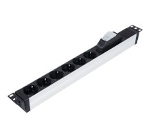  LANDE Блок розеток горизонтальный 19" 1U, 6 позиций Schuko, 1x16A автоматический выключатель, 4000 W, 250V AC, алюминиевый корпус, 482х44х44мм, шнур питания 3x1.5мм 2,5 м, вилка Schuko