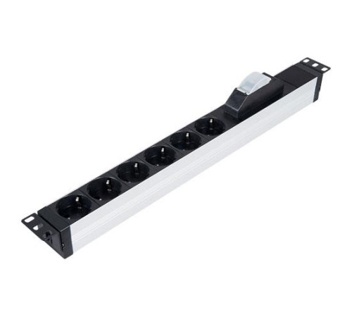 LANDE Блок розеток горизонтальный 19" 1U, 6 позиций Schuko, 1x16A автоматический выключатель, 4000 W, 250V AC, алюминиевый корпус, 482х44х44мм, шнур питания 3x1.5мм 2,5 м, вилка Schuko