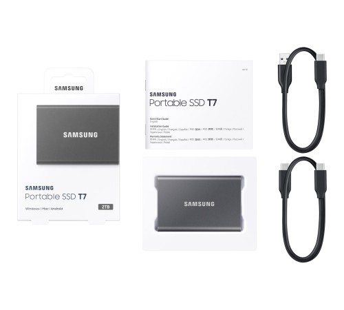 Внешние HDD и SSD/ Samsung External SSD T7, 2000GB, Type-C, USB 3.2 Gen2, R/W 1050/1000MB/s, 85x57x8mm, Titan Gray (12 мес.) Внешние HDD и SSD/ Samsung External SSD T7, 2000GB, Type-C, USB 3.2 Gen2, R/W 1050/1000MB/s, 85x57x8mm, Titan Gray (12 мес.)