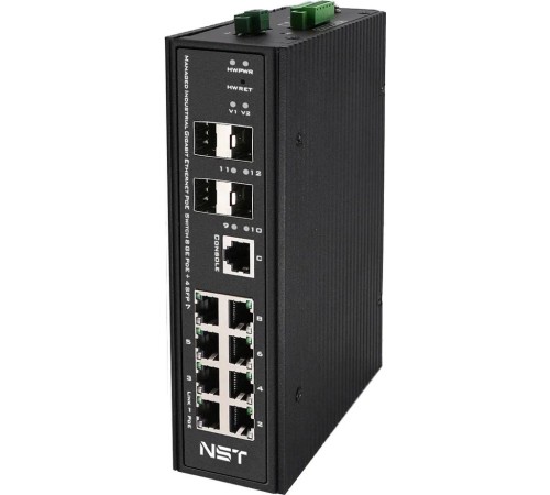 Промышленный управляемый (L2+) HiPoE коммутатор Gigabit Ethernet/ Промышленный управляемый (L2+) HiPoE коммутатор Gigabit Ethernet на 8GE PoE + 4 GE SFP порта с функцией мониторинга температуры/ влажности/ напряжения. Порты: 1 x GE (10/100/1000Base-T) с P
