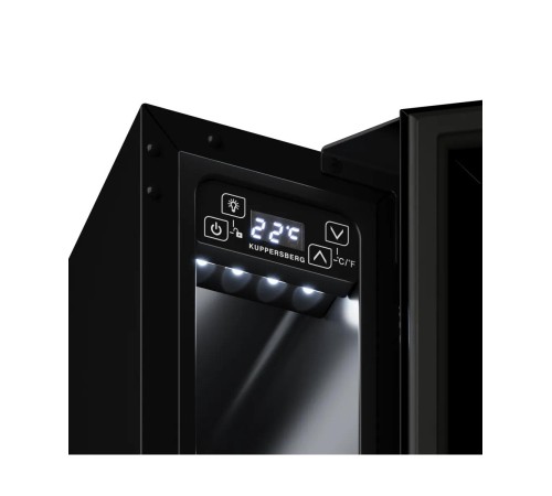 Винный шкаф KUPPERSBERG/ Винный шкаф KUPPERSBERG, встраиваемый, High-Tech, ВхШхГ 87х15х52.5 см, объем 20 л, вместимость 7 бутылок, диапазон температуры 5-20 градусов, механическое открытие двери, LED дисплей, уровень шума 39 дБ, цвет черный