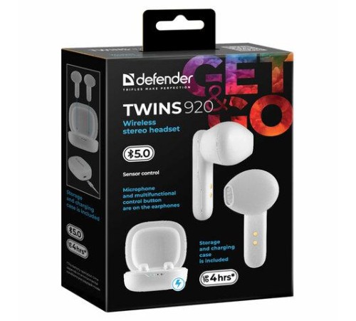 Defender Беспроводная гарнитура Twins 920 белый, TWS, Bluetooth