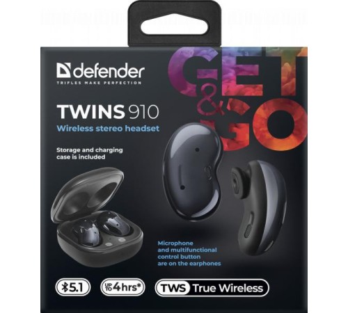 Defender Беспроводная гарнитура Twins 910 черный, TWS, Bluetooth