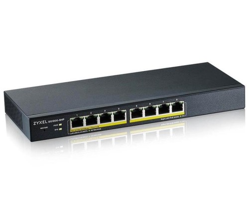 Коммутатор Smart L2 коммутатор PoE+ Zyxel GS1900-8HP, 8xGE PoE+, настольный, бесшумный, бюджет PoE 70 Вт