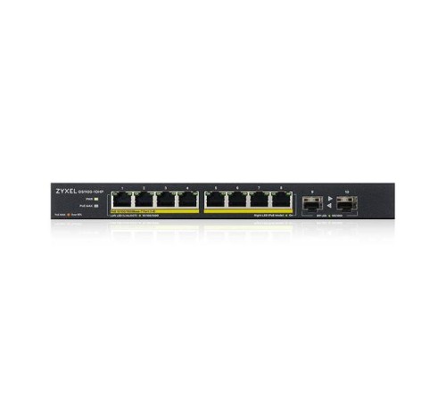 Коммутатор PoE+ Zyxel GS1100-10HP, 8xGE PoE+, 2xSFP, настольный, бесшумный, бюджет PoE 130 Вт, Kensigton lock