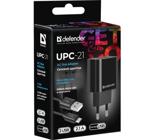 Defender Сетевой адаптер UPC-21 2xUSB,5V/2.1А кабель microUSB
