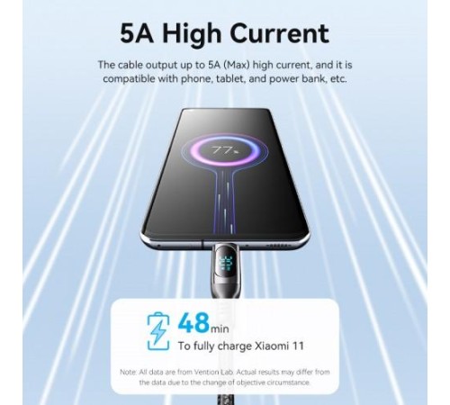 Кабель Vention USB 2.0 CM/CM с LED дисплеем - 1.2м. Чёрный 5А PD100W, шт.