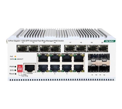 Коммутатор/ Managed L2 Industrial Fast Ring Switch 8x1000Base-T PoE, 12x1000Base-X SFP, PoE Budget 185W, Surge 4KV, -40 to 75°C