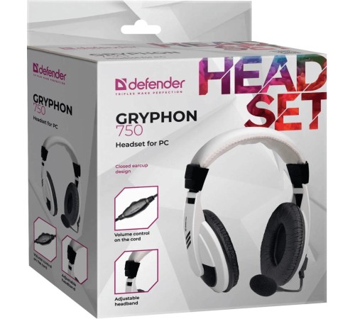 Компьютерная гарнитура Defender 63747 Gryphon 750 белый, кабель 2 м Компьютерная гарнитура Defender 63747 Gryphon 750 белый, кабель 2 м