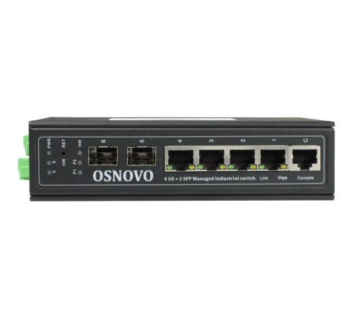 Коммутатор/ OSNOVO Промышленный гигабитный L2+ коммутатор на 6 портов с функцией мониторинга температуры/ влажности/ напряжения, 4*10/100/1000Base-T, 2*SFP 1000Base-X, БП опционально